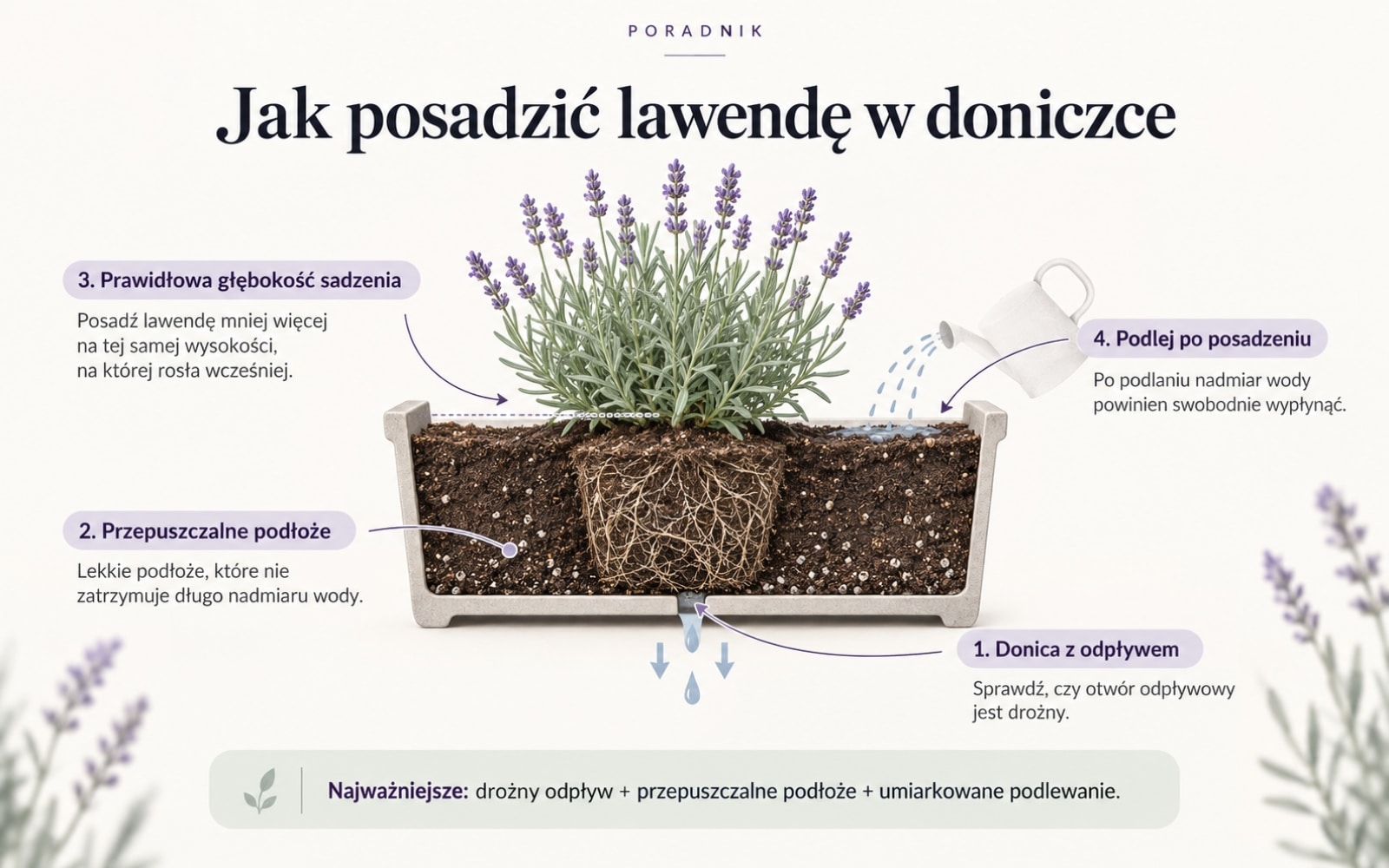 Jak posadzić lawendę w doniczce – przekrój donicy z odpływem i przepuszczalnym podłożem
